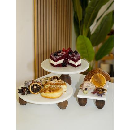 Mermer Akasya 3'lü Kek, Pasta Servis Sunum Stand Tabakları (25x10cm-25x5cm-14x24cm)